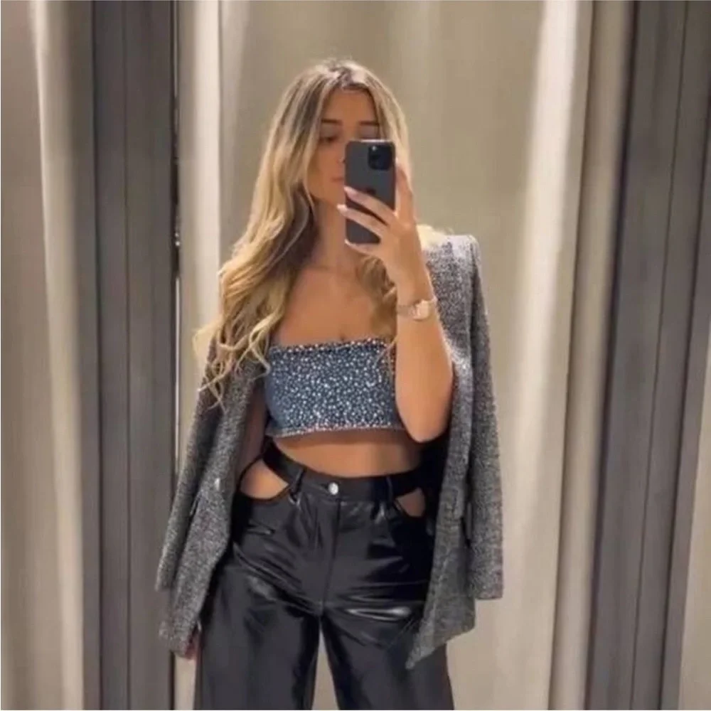 ZARA Rhinestone denim crop top 0653/273 - Picture 8 of 16
